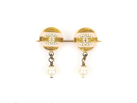 Chanel Pink Gold Stripe Round CC Pearl Drop Earrings 13C Supply