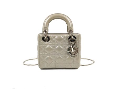 Christian Dior Mini Lady Dior Bag Cannage Lambskin Iridescent Grey Gold Hardware Online now