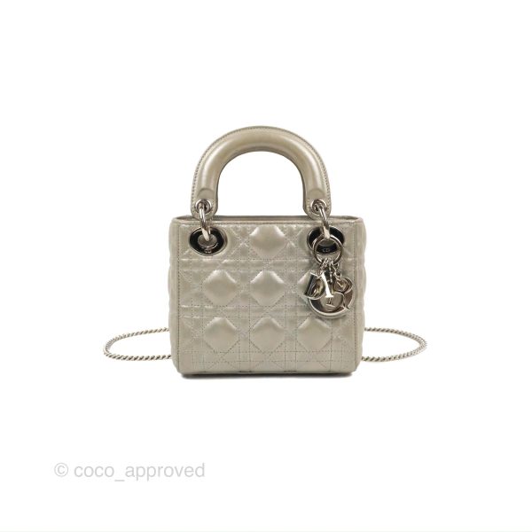 Christian Dior Mini Lady Dior Bag Cannage Lambskin Iridescent Grey Gold Hardware Online now