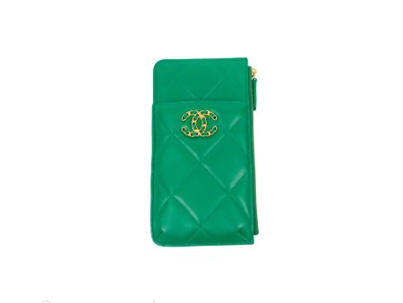 Chanel 19 Phone Holder Long Zip Wallet Green Gold Hardware Online Sale