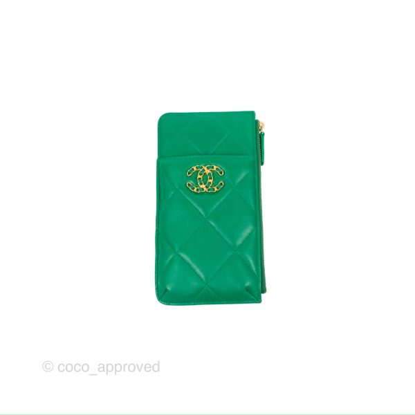 Chanel 19 Phone Holder Long Zip Wallet Green Gold Hardware Online Sale