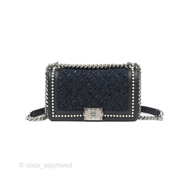 Chanel Medium Pearl Around Boy Black Navy Tweed Gun Metal Hardware Supply