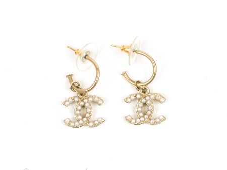 Chanel Pearl CC Drop Hoop Earrings Gold Tone 12A Online