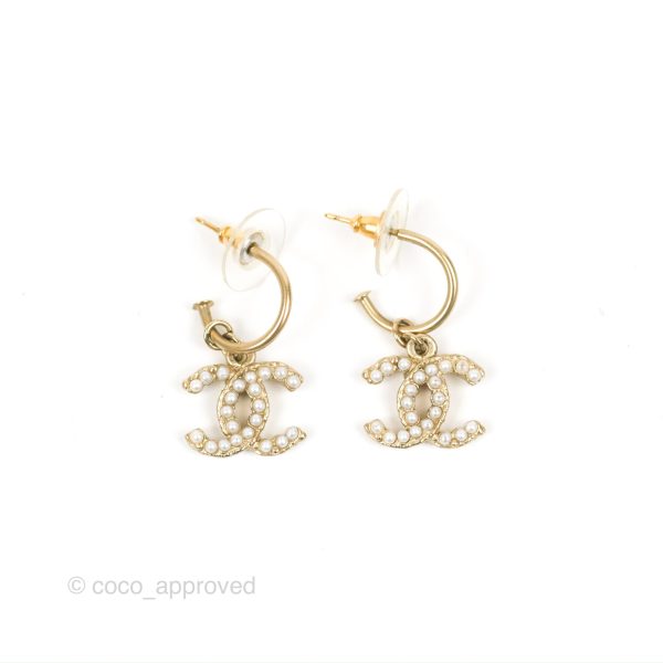 Chanel Pearl CC Drop Hoop Earrings Gold Tone 12A Online