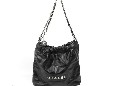 Chanel 22 Small Black Shiny Calfskin Matte Silver Hardware For Discount