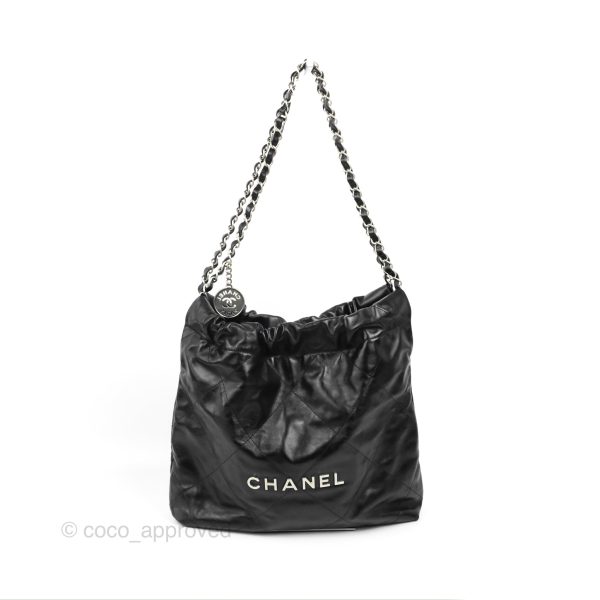 Chanel 22 Small Black Shiny Calfskin Matte Silver Hardware For Discount