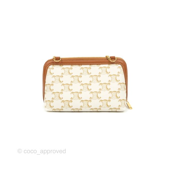 Celine Clutch With Chain Triomphe Canvas Lambskin White Tan Cheap