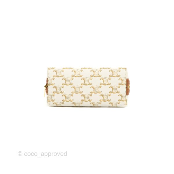 Celine Clutch With Chain Triomphe Canvas Lambskin White Tan Cheap