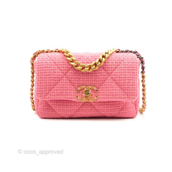 Chanel 19 Small Tweed Pink Glitter Mixed Hardware For Sale