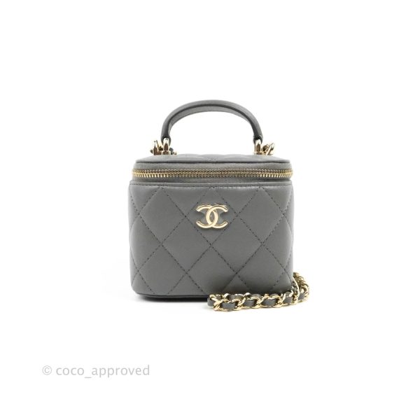 Chanel Mini Top Handle Vanity With Chain Dark Grey Lambskin Gold Hardware Fashion