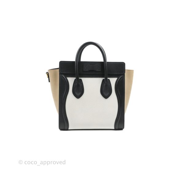 Celine Nano Luggage Bag Tricolour Dune White Black Grained Calfskin on Sale