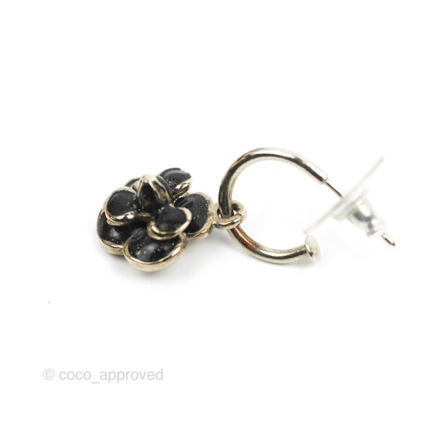 Chanel Black Camellia Drop Hoop Earrings Silver Tone 08P on Sale