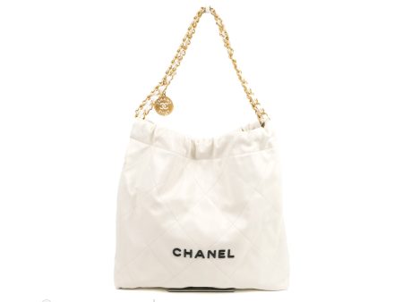 Chanel 22 Medium White Black Logo Aged Calfskin Aged Gold Hardware Fashion