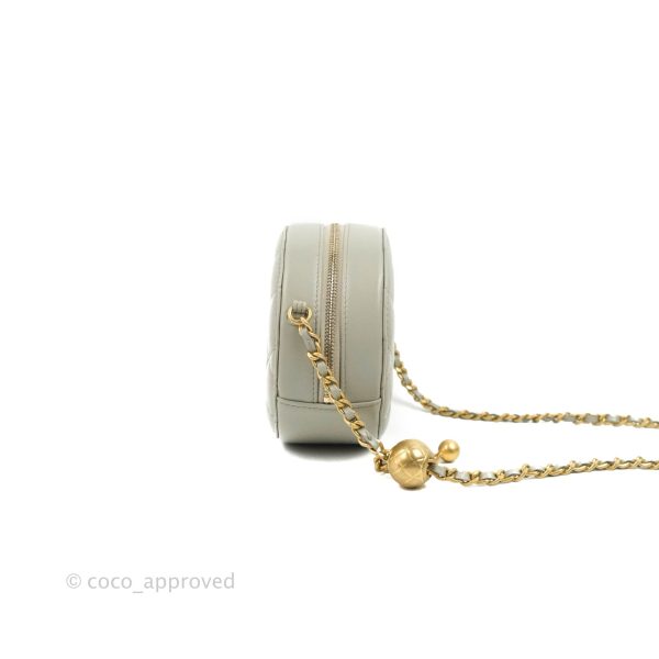 Chanel Quilted Round Pearl Crush Clutch With Chain Grey Lambskin Aged Gold Hardware Fashion