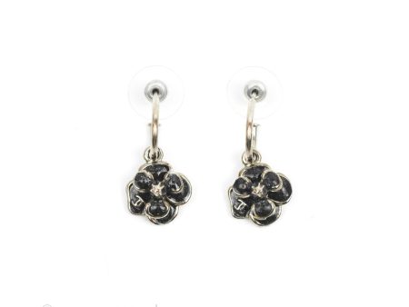 Chanel Black Camellia Drop Hoop Earrings Silver Tone 08P on Sale