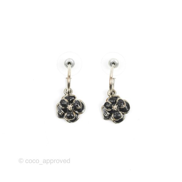 Chanel Black Camellia Drop Hoop Earrings Silver Tone 08P on Sale