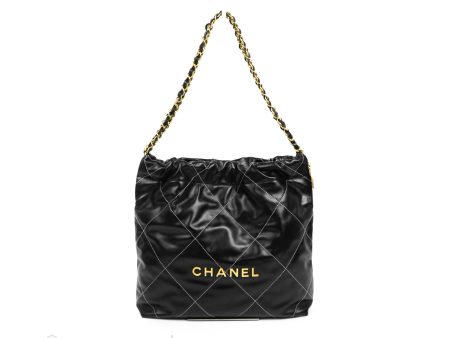 Chanel 22 Small Black Calfskin Contrast Stitch Aged Gold Hardware For Cheap