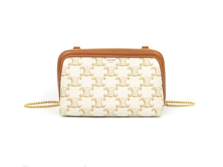 Celine Clutch With Chain Triomphe Canvas Lambskin White Tan Cheap