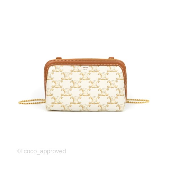 Celine Clutch With Chain Triomphe Canvas Lambskin White Tan Cheap