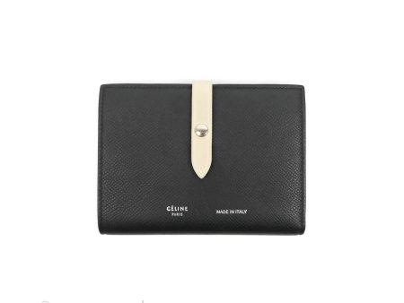 Celine Medium Strap Wallet In Grained Calfskin Black Cream Online Hot Sale