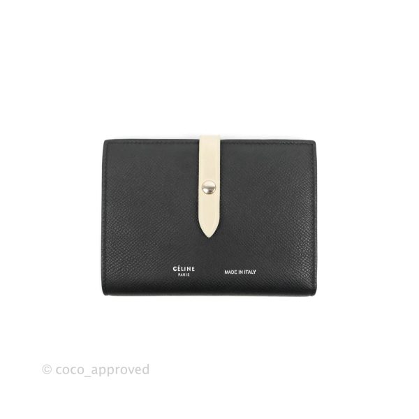 Celine Medium Strap Wallet In Grained Calfskin Black Cream Online Hot Sale