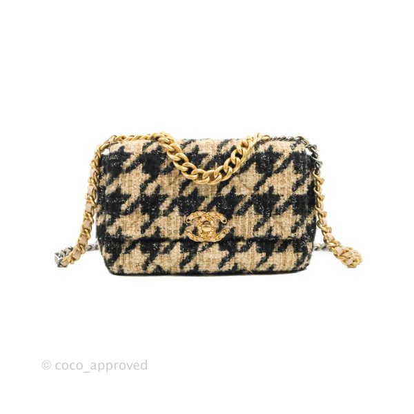 Chanel 19 Small Tweed Houndstooth Black Beige Mixed Hardware Fashion