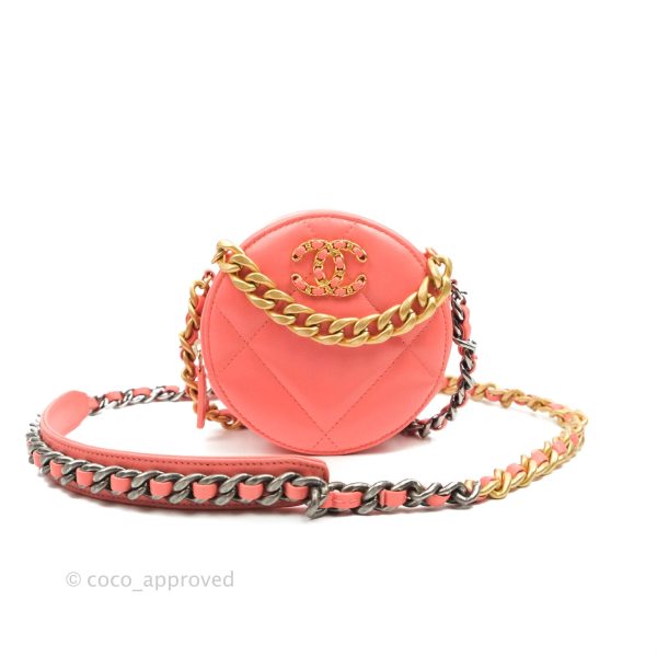 Chanel 19 Round Clutch With Chain Coral Pink Mixed Hardware For Cheap