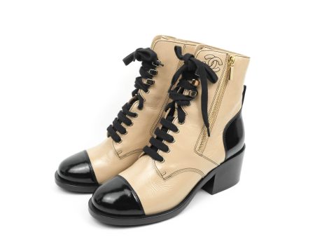 Chanel Beige Black Calfskin CC Lace Up Short Boots 37.5 Hot on Sale