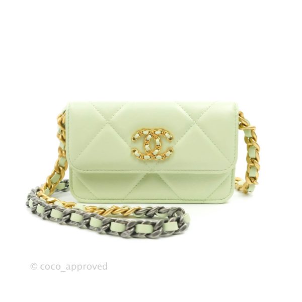 Chanel 19 Mini Clutch with Chain Light Green Lambskin Mixed Hardware 22C Hot on Sale