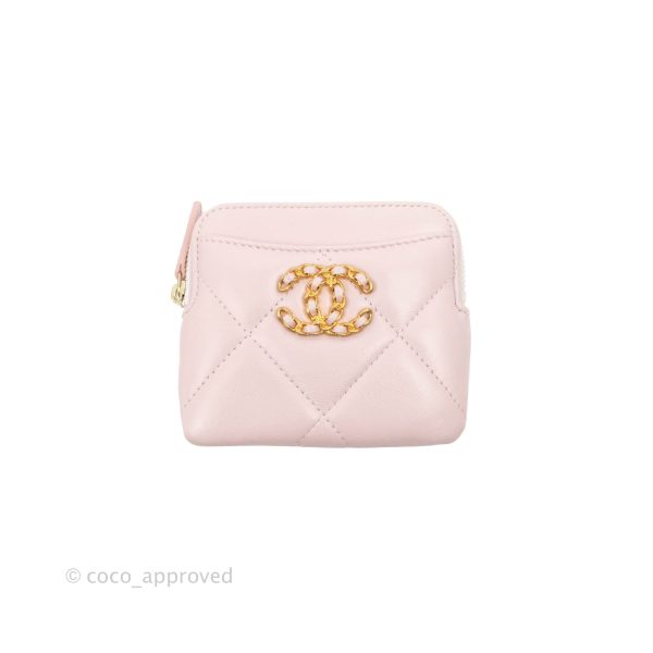 Chanel 19 Zip Card Holder Light Pink Lambskin Gold Hardware Hot on Sale