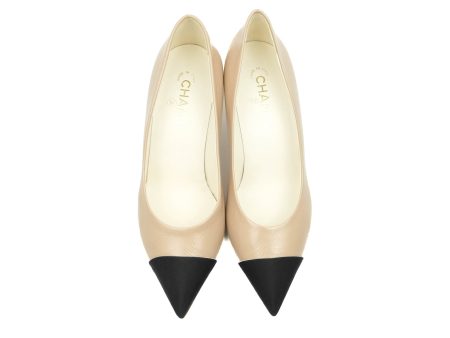 Chanel Beige Toe Pointed Black Pump Heels With CC Pearl Size 41 Cheap