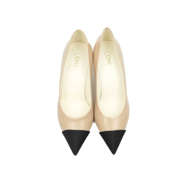 Chanel Beige Toe Pointed Black Pump Heels With CC Pearl Size 41 Cheap