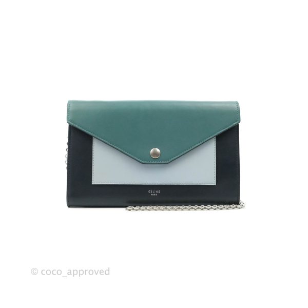 Celine Pocket Envelope Wallet on Chain Blue Green Navy Silver Hardware Online