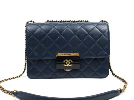 Chanel Beauty Lock Flap Bag Navy Sheepskin Aged Gold Hardware For Discount