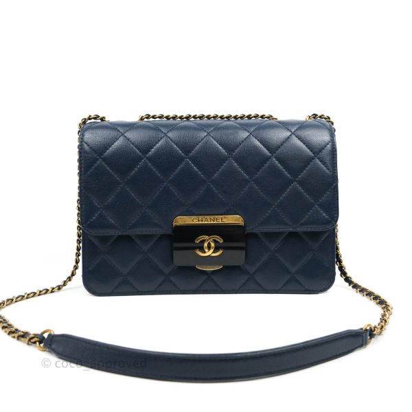 Chanel Beauty Lock Flap Bag Navy Sheepskin Aged Gold Hardware For Discount