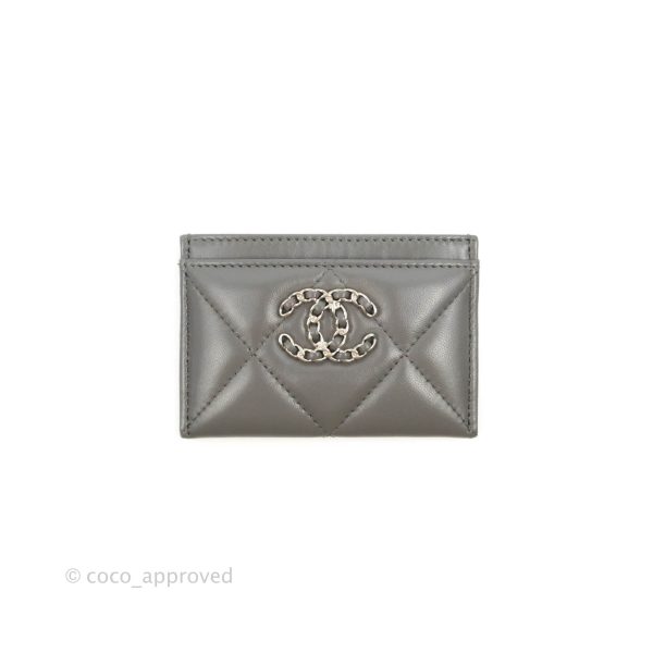 Chanel 19 Quilted Grey Flat Card Holder Silver Hardware Hot on Sale