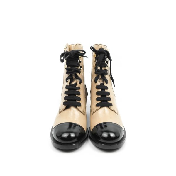 Chanel Beige Black Calfskin CC Lace Up Short Boots 37.5 Hot on Sale