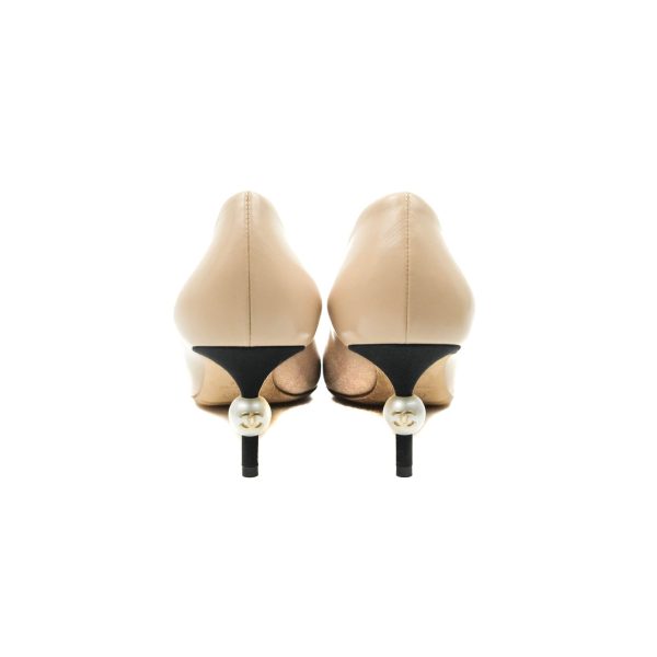 Chanel Beige Toe Pointed Black Pump Heels With CC Pearl Size 41 Cheap