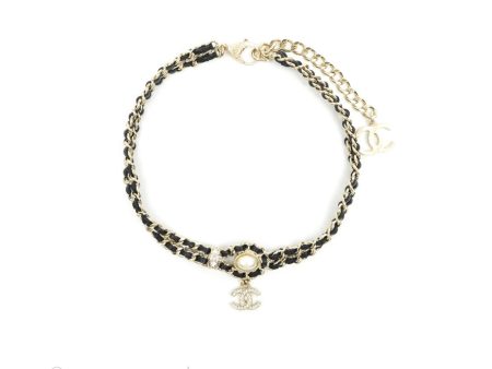 Chanel Black Leather Chain Braided Pearl Crystal CC Drop Choker Gold Tone 21B Online now