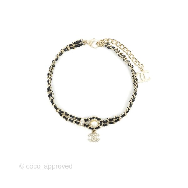 Chanel Black Leather Chain Braided Pearl Crystal CC Drop Choker Gold Tone 21B Online now