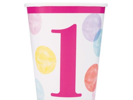 Pink Dots 1st Birthday 9oz Paper Cups, 8ct For Sale